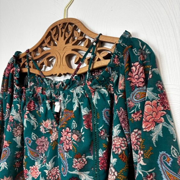 New Blouse Floral Green Xhilaration Peasant Style Boho Colorful Sheer Womens XS - Picture 2 of 7